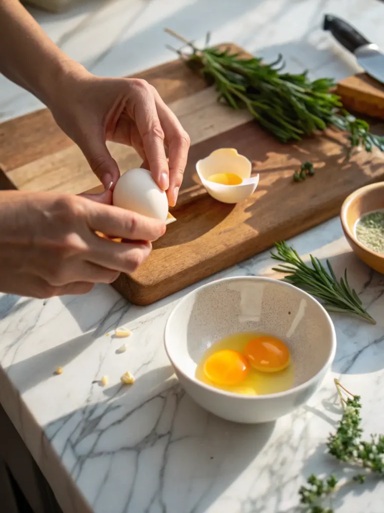 Egg-spert Advice An in-process, action shot of hands (same style, suggesting the same cook) gently separating an egg, with the yolk carefully transferring from one half of the shell to another. The scene is on the marble countertop with wood accents, illuminated by natural morning light from the east. A few fresh herb sprigs are visible, and the wooden cutting board is nearby. Soft shadows and warm tones, capturing a genuine moment of focused cooking.