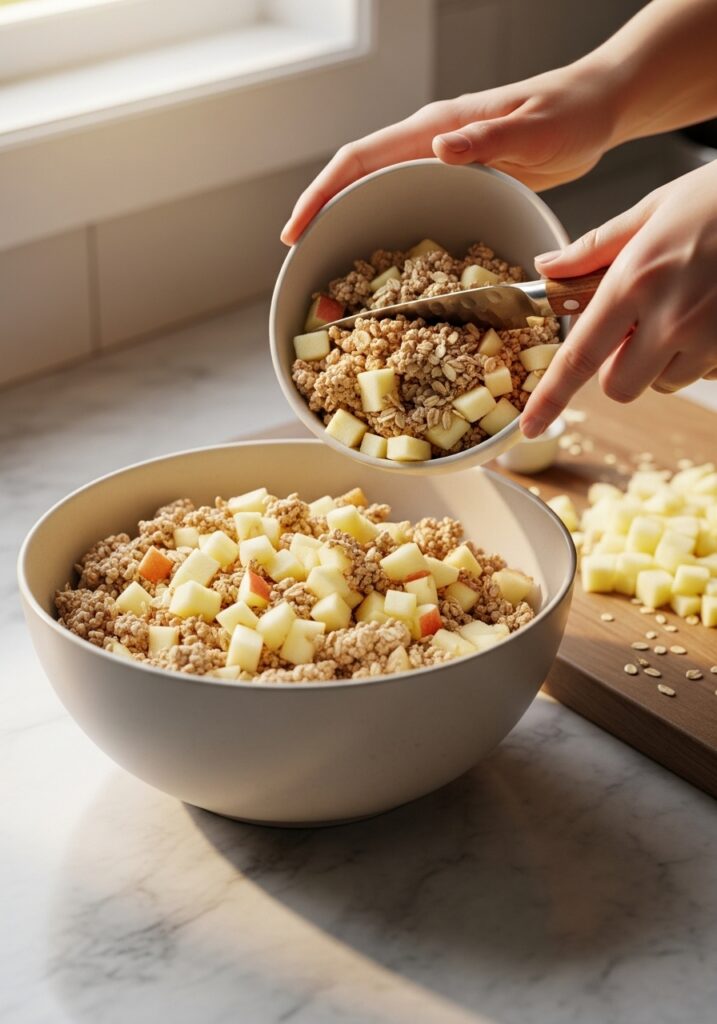 Apple Pie Inspired Oat Squares A 3:4 in-process action shot showing diced apples and oats mixed in a ceramic bowl, waiting to be spread into a baking dish. The bowl sits on the marble countertop next to the same wooden cutting board. Natural morning light from the east window highlights the textures, with soft shadows and warm tones, implying the cook just stepped away for a moment during the process.