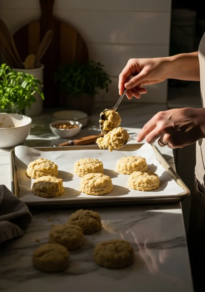 A 3:4 in-process action shot showing hands (same hands as if shot by someone who cooks here every day) gently dropping spoonfuls of shaggy biscuit dough onto a parchment-lined baking sheet. The marble countertops and wood accents are visible, illuminated by natural morning light from the east. Fresh herbs are in the background, and the scene has soft shadows, warm tones, and a hint of authentic messiness, conveying genuine love for the process.