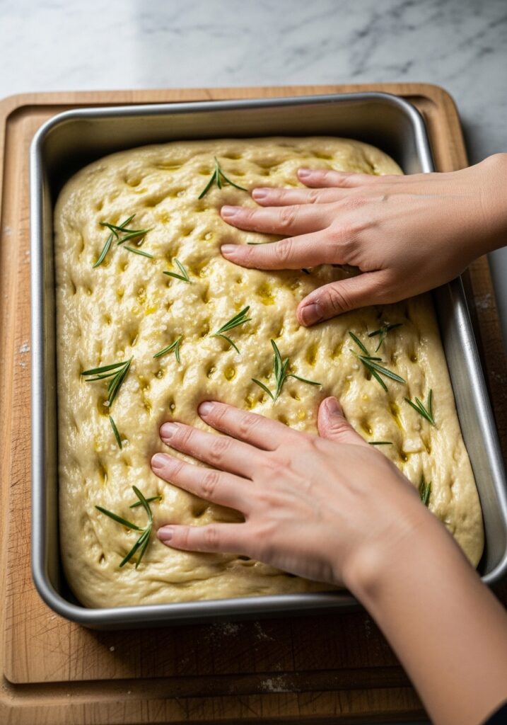 Easy Focaccia Recipe An authentic, lived-in shot of hands gently pressing fingertips into the focaccia dough in a large metal baking pan. The dough is light and airy, coated in olive oil, with fresh rosemary sprigs and flaky sea salt already sprinkled on top. The baking pan sits on the same wooden cutting board, on the marble countertop. Natural morning light from the east window illuminates the scene, showing soft shadows and a bit of flour dust on the hands, capturing the genuine love for the process. (3:4)