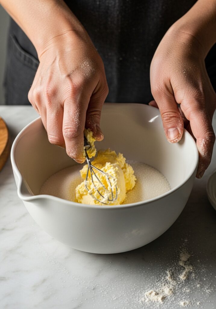 Guide to Fats in Baking An authentic, slightly messy close-up shot of hands (the same hands that cook here every day) creaming softened butter and granulated sugar together in a minimalist white ceramic mixing bowl. The motion captures a moment of active baking. The marble countertop is visible with a light dusting of flour nearby, and a corner of the same wooden cutting board is in the background, out of focus. Natural morning light from the east highlights the texture of the ingredients and the warmth of the scene, feeling like a genuine, lived-in kitchen moment.