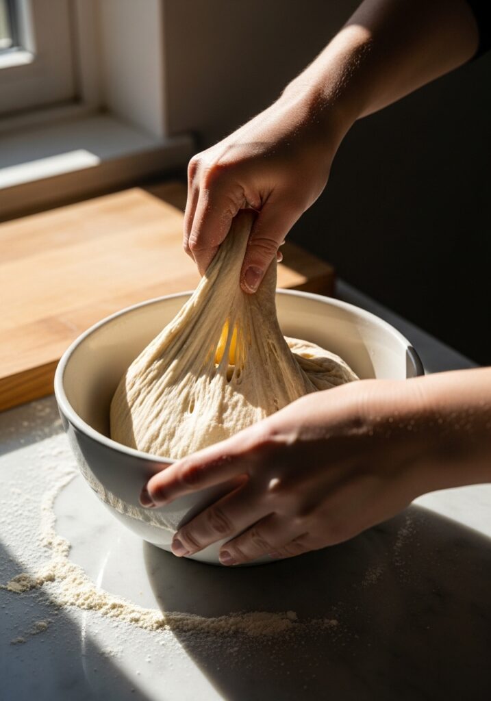 Guide to Sourdough An authentic, in-process shot of hands gently folding sourdough dough in a minimalist white ceramic bowl, showcasing the dough's elasticity and texture. The scene is set on the marble countertop with a light dusting of flour, under natural morning light from the east window, with the same wooden cutting board in the background and soft shadows.