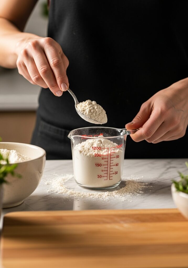 Measuring Flour Without a Scale A 3:4 action shot from a home cook's perspective, showing hands (with short, clean nails) gently spooning fluffed flour into a dry measuring cup. There's a slight 'authentic messiness' with a dusting of flour on the marble countertop. Natural morning light from the east window illuminates the scene, highlighting warm tones. The same wooden cutting board is in the foreground, and a ceramic bowl with more flour is just out of focus in the background, with fresh herbs visible.