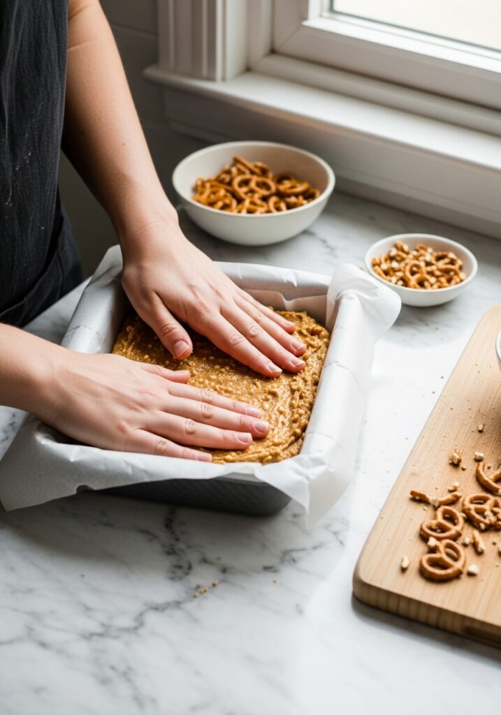 No-Bake Peanut Butter Pretzel Bars A 3:4 in-process action shot showing hands (belonging to someone who cooks here every day, with the same style) pressing the peanut butter pretzel mixture into an 8x8 inch parchment-lined baking dish. The shot is taken on the marble countertop with natural morning light from the east window. The wooden cutting board is nearby with some extra crushed pretzels. The scene feels authentic and lived-in, capturing the 'authentic messiness' of home cooking.