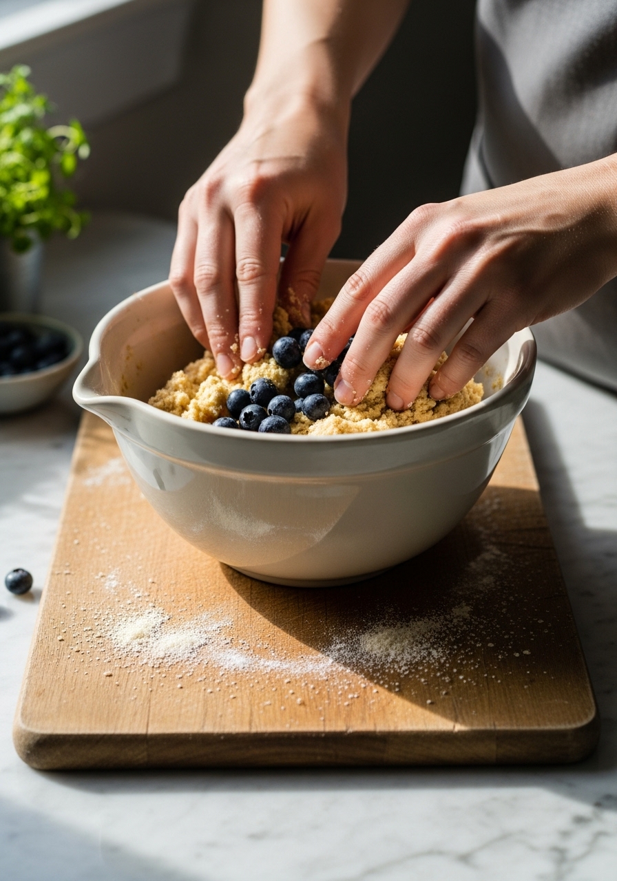 An in-process, action shot of hands gently folding fresh blueberries into the almond flour scone dough in a ceramic mixing bowl. The bowl is resting on the same wooden cutting board, which is placed on the marble countertop. Natural morning light from the east window casts soft shadows, highlighting the authentic messiness of baking. A few fresh herbs are visible in the background, out of focus. The shot feels genuine and lived-in, capturing the love for the process.