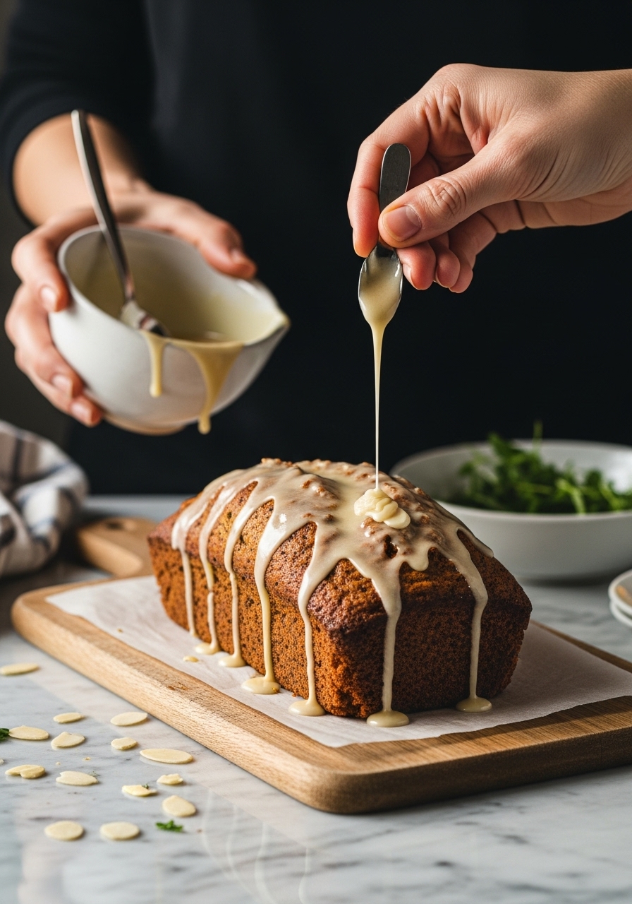 An authentic, in-process action shot of a hand (same person who cooks here every day, conveying love for the process) gently drizzling the sweet almond glaze over a cooling Almond Poppy Seed Quick Bread loaf. The loaf is on the same wooden cutting board on marble countertops. Natural morning light casts soft shadows. A ceramic bowl with extra glaze and fresh herbs are visible in the background, showing authentic messiness.