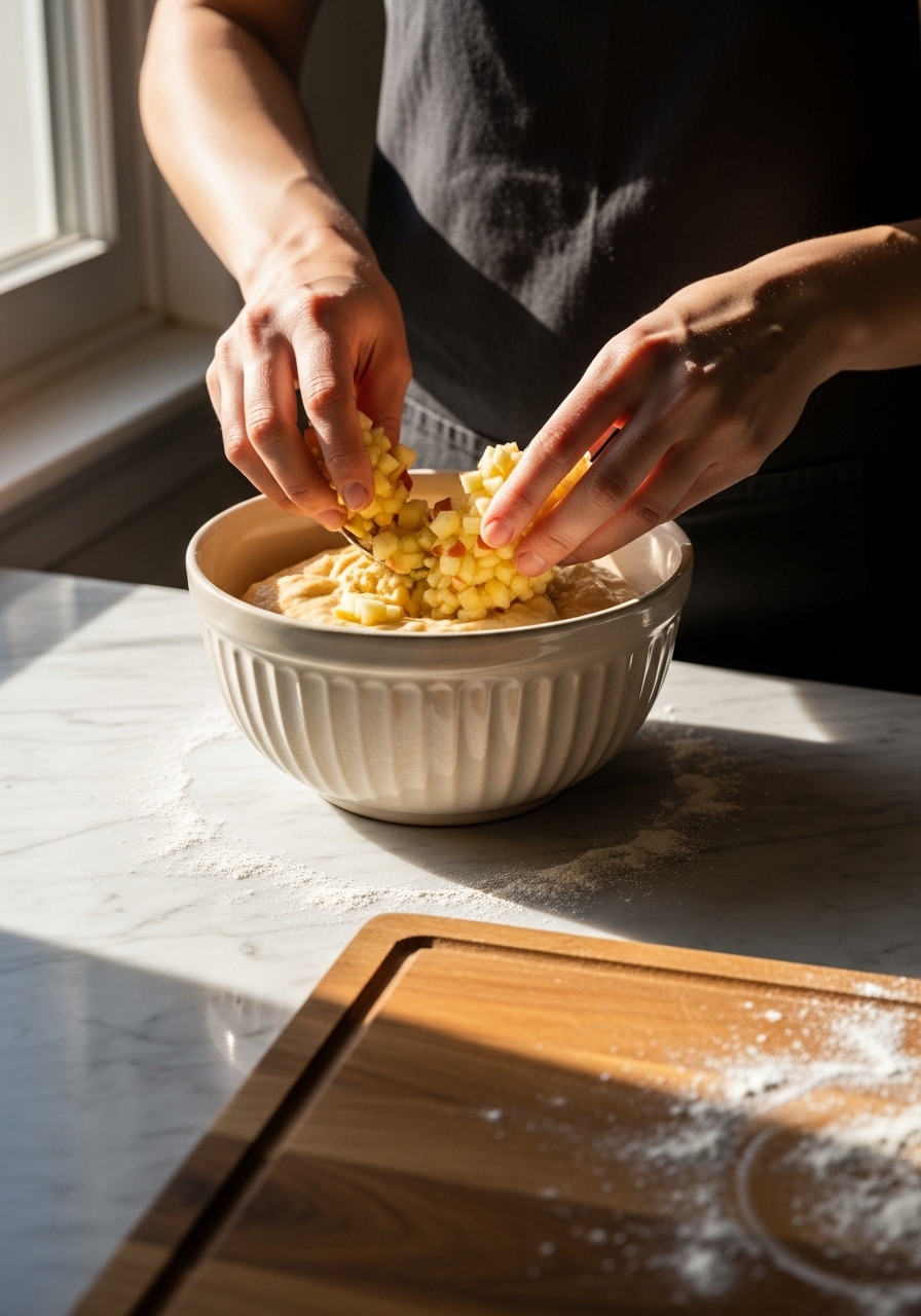 An authentic, in-process shot of hands gently folding finely diced apples into the spiced bundt cake batter in a ceramic bowl. The scene is on marble countertops with wood accents, illuminated by natural morning light from the east window. The same wooden cutting board is visible in the foreground, with a few stray flour dustings on the countertop, creating soft shadows and warm tones that show genuine love for the process and authentic messiness.