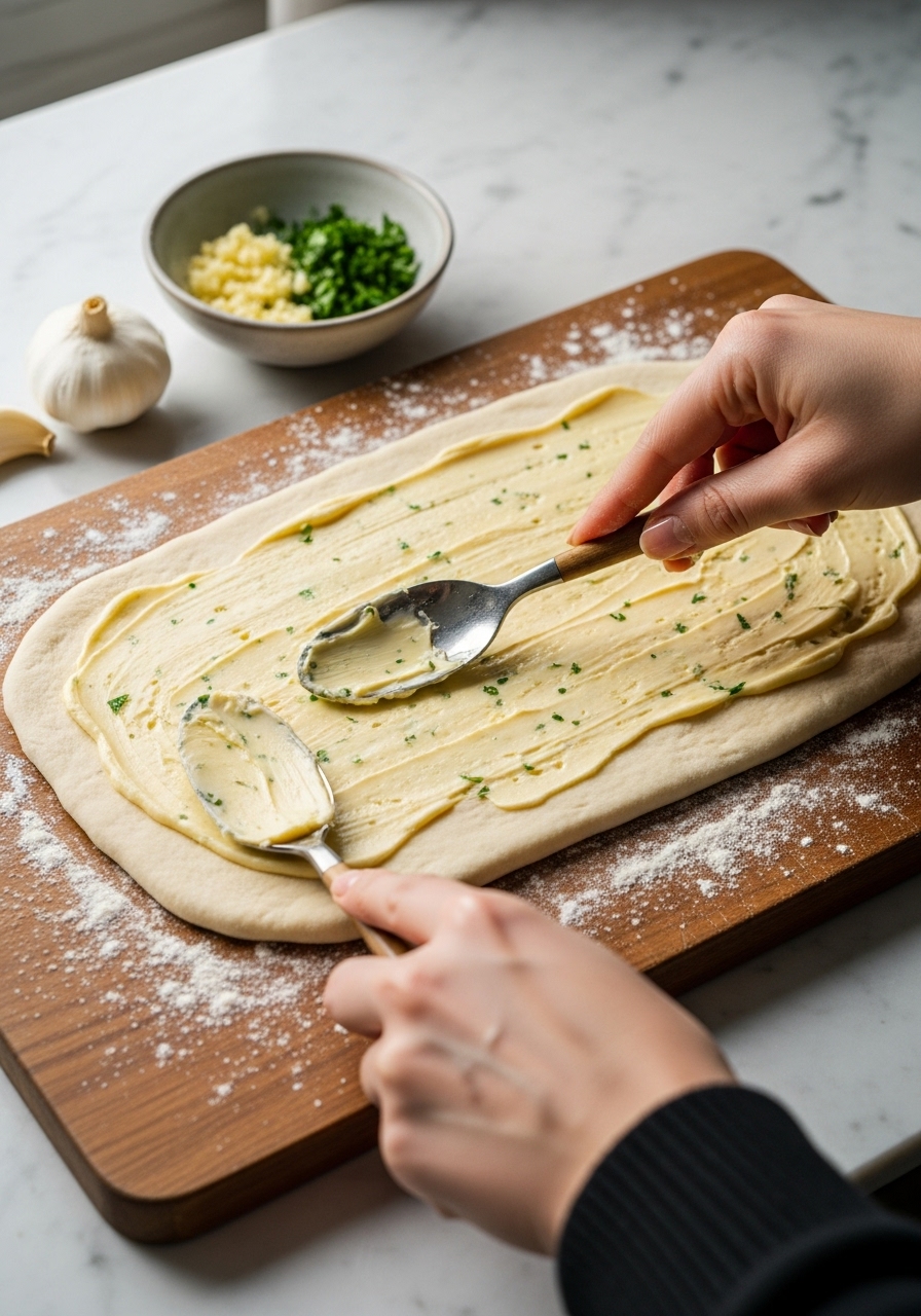 A 3:4 in-process shot capturing hands (mine!) spreading homemade garlic butter onto the rectangular dough, which is laid out on the same wooden cutting board. A small bowl of minced fresh garlic and chopped parsley is visible in the background. Natural morning light streams in from the east window, creating soft shadows. The marble countertops are clear, showing authentic messiness of flour dust.