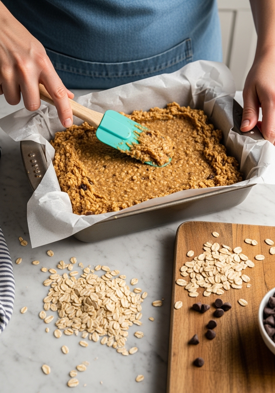 A 3:4 in-process shot showing the Chewy No-Bake Granola Bar mixture being firmly pressed into a parchment-lined 8x8-inch baking dish on the marble countertop. A spatula, gently resting on the edge of the dish, is visible but no hands. Loose rolled oats and a few chocolate chips are scattered on the wooden cutting board next to the dish. Natural morning light from the east creates soft, warm shadows.
