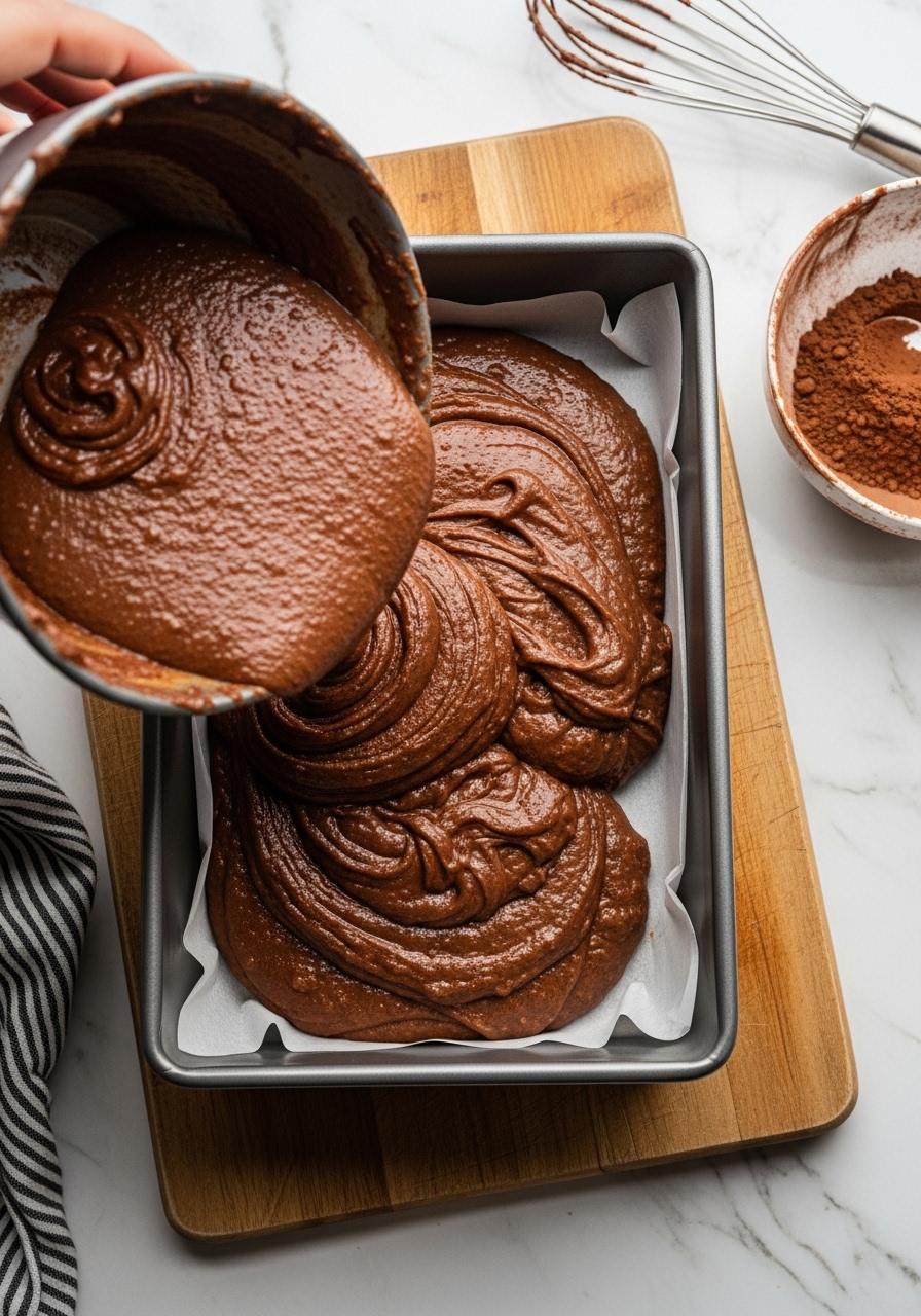 An overhead shot of a 9x13 inch chocolate cake batter, just poured into a prepared pan, ready for the oven. The pan is resting on the same wooden cutting board on marble countertops. Natural morning light from the east creates soft shadows across the scene. A whisk and a bowl with residual unsweetened cocoa powder are subtly placed in the background, evoking a sense of authentic messiness from a recent cooking session.
