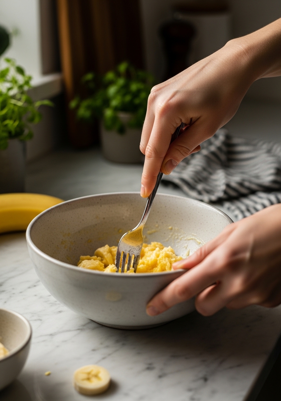 An authentic, in-process action shot of a hand (mine!) mashing very ripe bananas in a ceramic bowl with a fork, slightly off-center. The bowl rests on the marble countertop, with glimpses of wood accents and fresh herbs in the soft-focused background. Natural morning light from the east window illuminates the scene, creating warm tones and showcasing a little authentic messiness on the counter, implying a genuine cooking session.