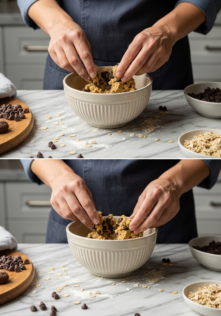 A 3:4 in-process shot showing hands (belonging to the same cook) gently folding mini chocolate chips into the cookie dough in a ceramic bowl. The scene is on marble countertops with the wooden cutting board visible. Natural morning light from the east window illuminates the authentic messiness of flour dust and a few stray oats, capturing the genuine love for the cooking process.