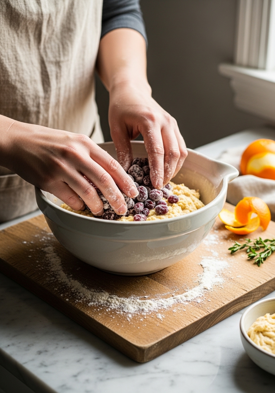 An authentic, in-process shot capturing hands gently folding flour-dusted fresh cranberries into the quick bread batter in a ceramic bowl. The scene is on the same wooden cutting board on marble countertops, with natural morning light streaming from an east window, casting soft shadows. A few orange rinds and fresh herbs are casually visible, reflecting the 'authentic messiness' of a lived-in kitchen.