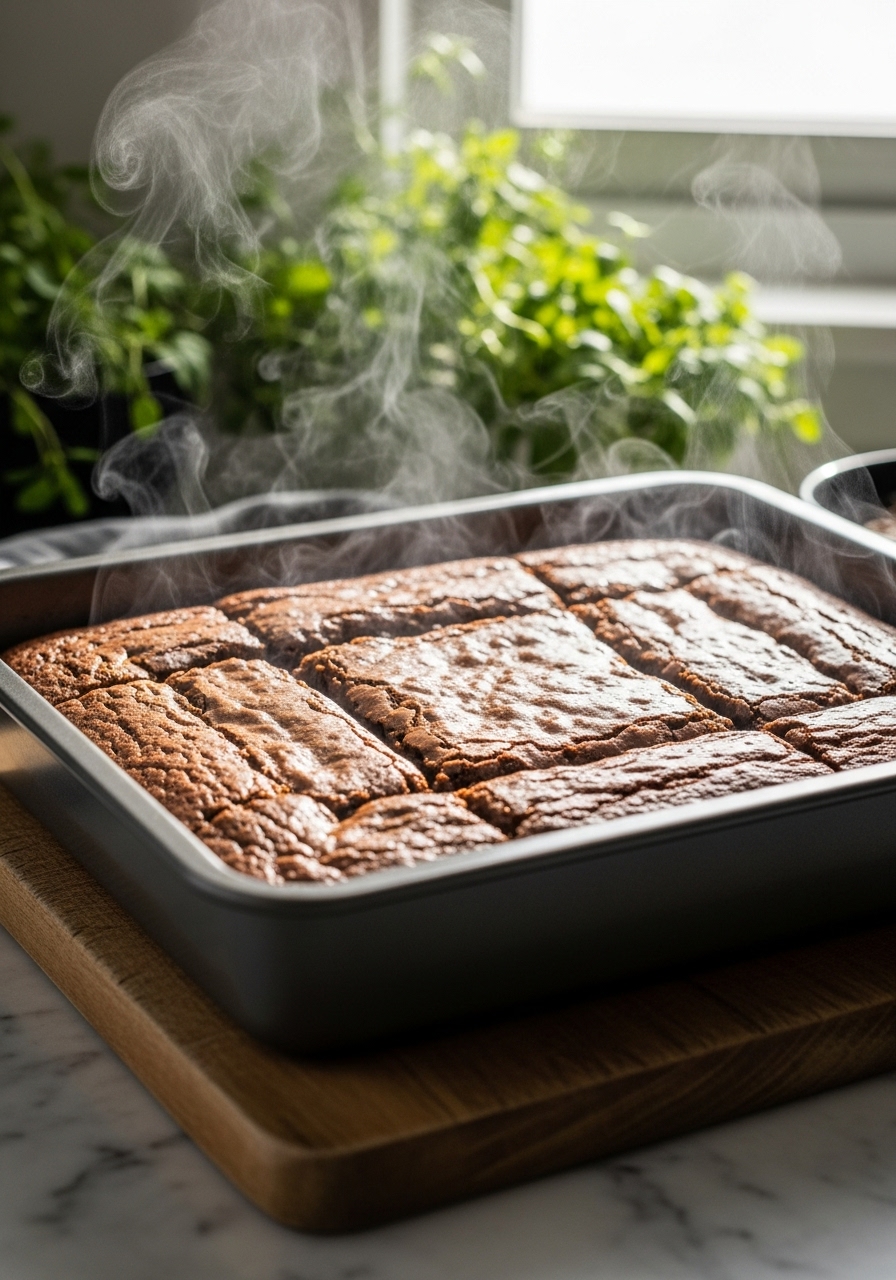 A 9x13 inch baking pan filled with golden-brown Foolproof Fudgy Brownies, just pulled from the oven, resting on the same wooden cutting board on a marble countertop. Steam is gently rising from the brownies, indicating their freshness. The scene looks like the cook just stepped away for a moment. Natural morning light from the east window creates warm tones and soft shadows, with fresh herbs visible in the background.