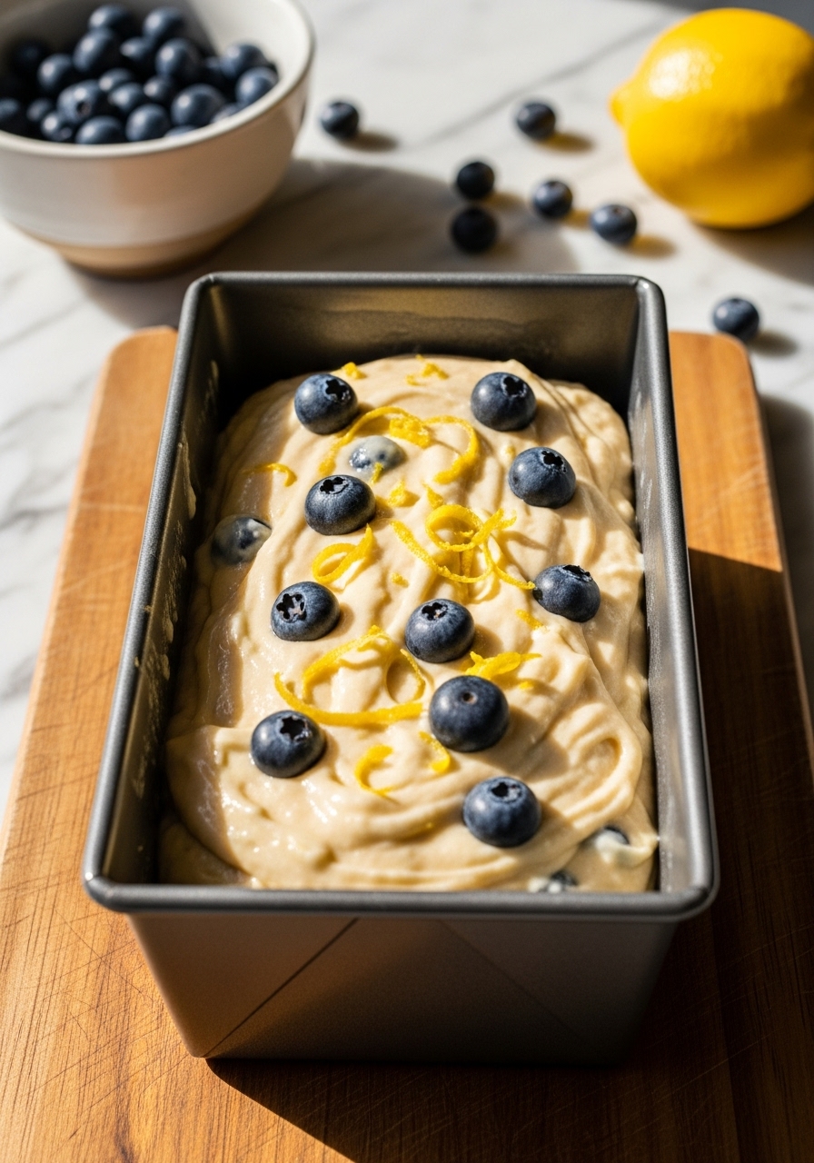 A 9x5-inch loaf pan filled with unbaked Lemon Blueberry Quick Bread batter, with vibrant blueberries and bright yellow lemon zest visible on top, resting on the same wooden cutting board. The marble countertops and a ceramic bowl with extra fresh blueberries and a lemon are visible in the background. Natural morning light creates a warm glow, suggesting the cook just stepped away for a moment.