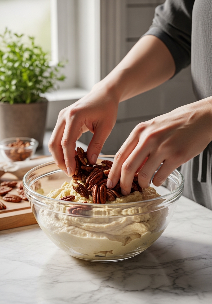 An authentic, in-process shot capturing hands gently folding toasted pecans into a bowl of Maple Pecan Quick Bread batter. The scene is set on marble countertops with a glimpse of the wooden cutting board, under natural morning light from the east window. Fresh herbs are visible in a small pot in the soft-focused background, emphasizing the lived-in kitchen feel.