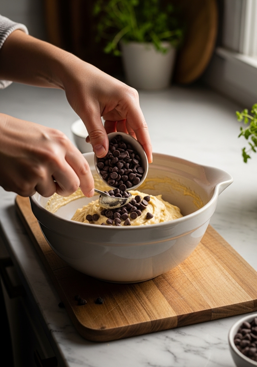 An authentic, in-process shot of hands gently folding chocolate chips into the batter for No-Fuss Banana Bread Muffins in a ceramic bowl. The wooden cutting board is visible underneath, and the marble countertop with wood accents forms the background. Soft shadows and warm tones, with natural morning light from the east window. A hint of fresh herbs in the background adds to the lived-in kitchen feel. Aspect ratio 3:4.