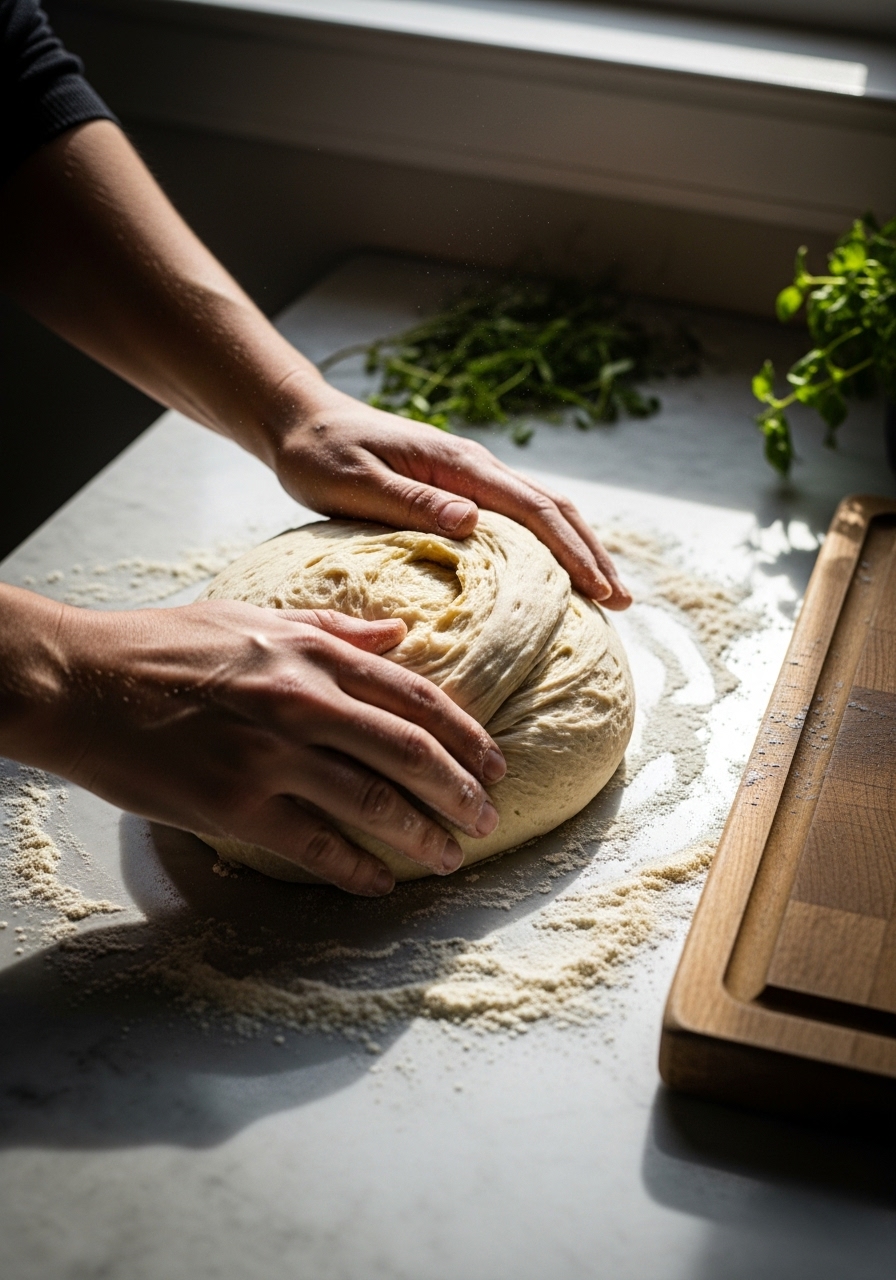 An authentic, in-process shot of hands gently folding the risen No-Knead Artisan Bread dough on a lightly floured marble countertop. The wooden cutting board is next to the dough, and fresh herbs are subtly in the background. Natural morning light from the east window illuminates the scene, showing soft shadows and the beautiful, bubbly texture of the dough before shaping. A slight authentic messiness (flour dust) is visible, emphasizing a lived-in kitchen.