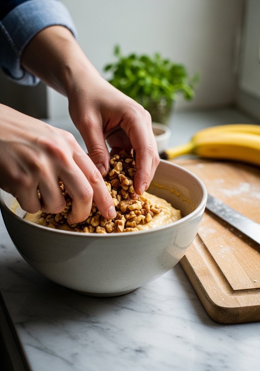 An in-process, close-up action shot capturing hands gently folding chopped walnuts into the banana bread batter in a ceramic bowl. The scene is set on the marble countertop with the same wooden cutting board nearby. Natural morning light from the east window illuminates the hands and ingredients, creating soft shadows. There's a hint of authentic messiness, with a faint dusting of flour or a stray banana peel in the background. Fresh herbs are visible in the soft-focus background. (Aspect Ratio: 3:4)