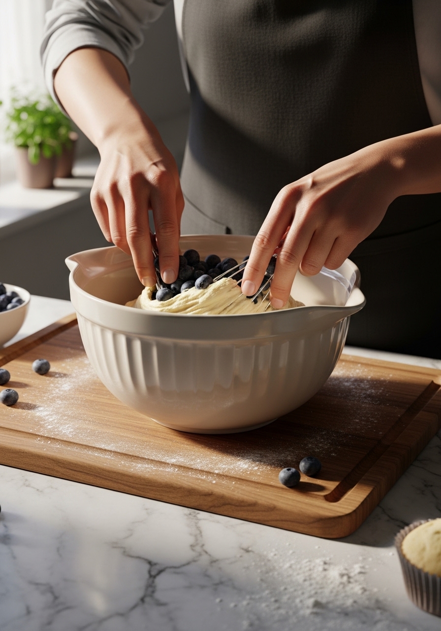 An authentic 3:4 in-process action shot showing hands (belonging to the same cook) gently folding fresh blueberries into a muffin batter in a large ceramic mixing bowl. The bowl sits on the wooden cutting board on marble countertops. Natural morning light from the east window illuminates the scene, creating soft shadows. Fresh herbs are subtly visible in the background, and there's a touch of flour dust on the countertop, indicating a 'lived-in' kitchen.