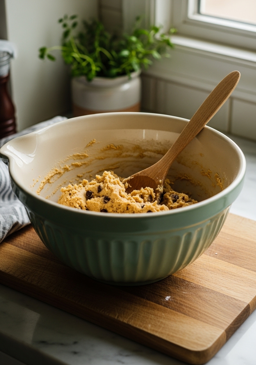 A 3:4 shot showing a large ceramic mixing bowl filled with ready-to-scoop One-Bowl Chocolate Chip Cookie dough, with a wooden spoon resting in it. The bowl sits on the wooden cutting board, placed on marble countertops. Natural morning light from the east window illuminates the scene, creating warm tones and soft shadows. Fresh herbs in a small ceramic pot are visible in the background, out of focus. The scene suggests a paused moment in the baking process, with an authentic, lived-in kitchen feel.