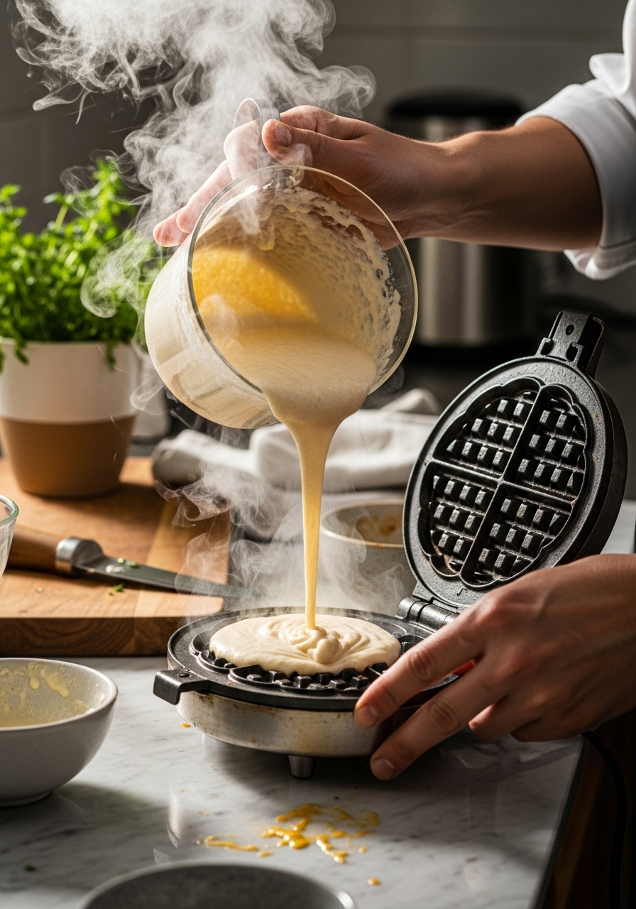 An action shot of batter being poured into a preheated waffle iron, showing the steam rising. The chef's hands are visible, with a hint of authentic messiness on the marble countertop. Natural morning light illuminates the scene, catching the texture of the batter. Fresh herbs are visible in a ceramic pot in the background, and the wooden cutting board is nearby.