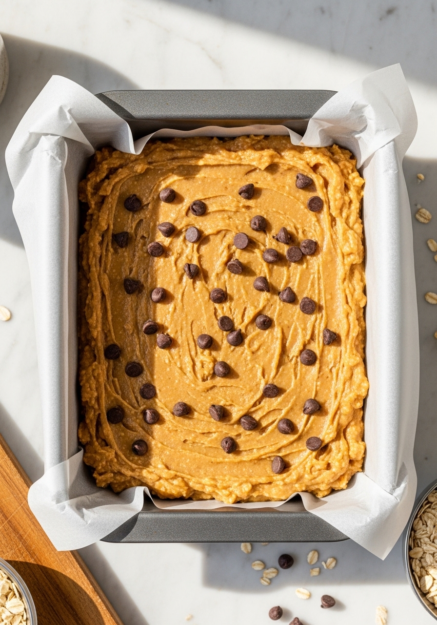 A 3:4 overhead shot showing the Peanut Butter No-Bake Bar mixture pressed firmly into an 8x8 inch parchment-lined baking pan, before chilling. The mixture is smooth and topped with chocolate chips. The pan sits on the marble countertop, illuminated by natural morning light, with the wooden cutting board and some loose oats visible in the periphery.