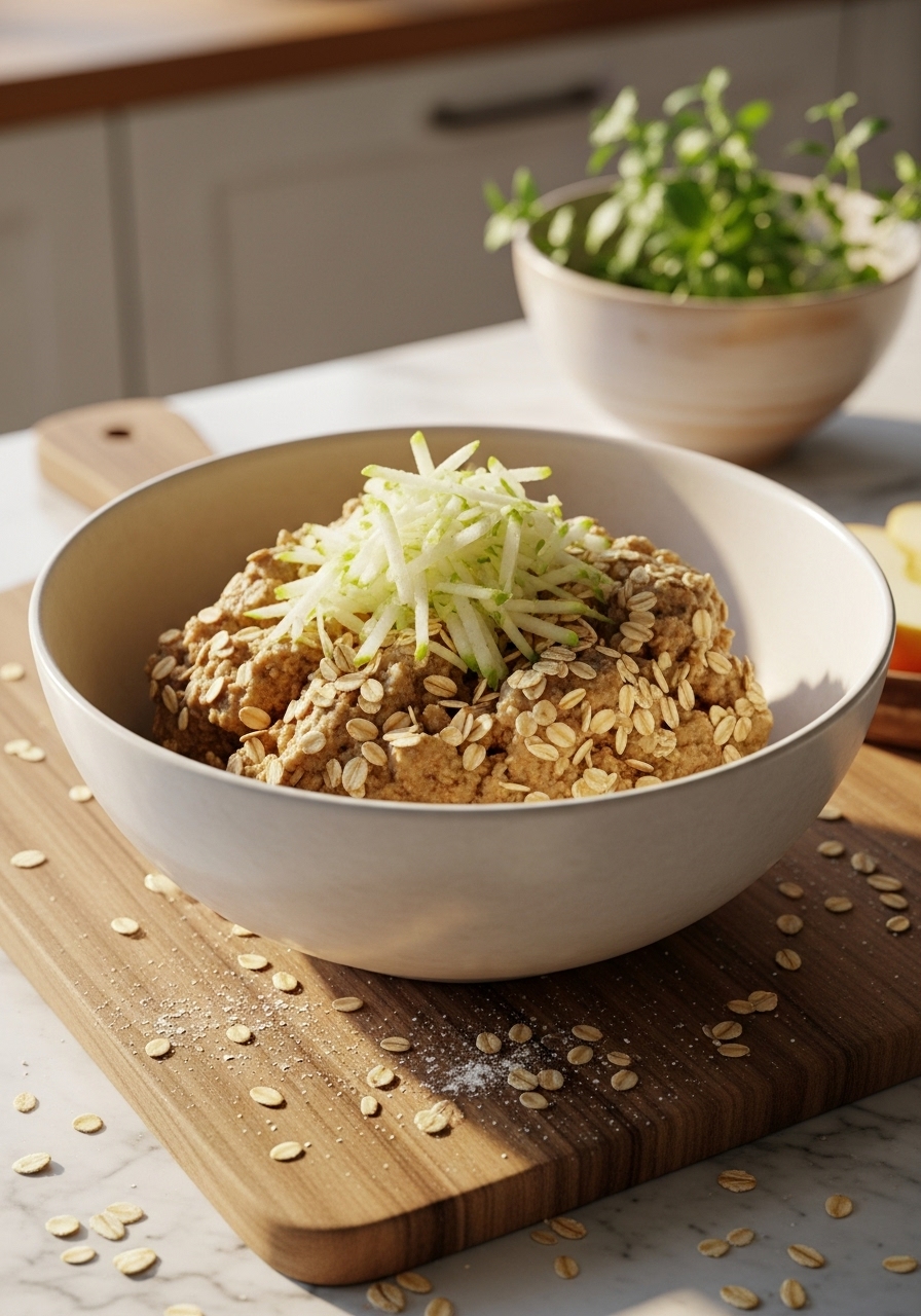 An in-process shot showing freshly grated apple and rolled oats mixed into a bowl of cookie dough, resting on the wooden cutting board on a marble countertop. The scene is bathed in natural morning light, creating a warm tone. A ceramic bowl with fresh herbs is visible in the background, suggesting a lived-in kitchen.