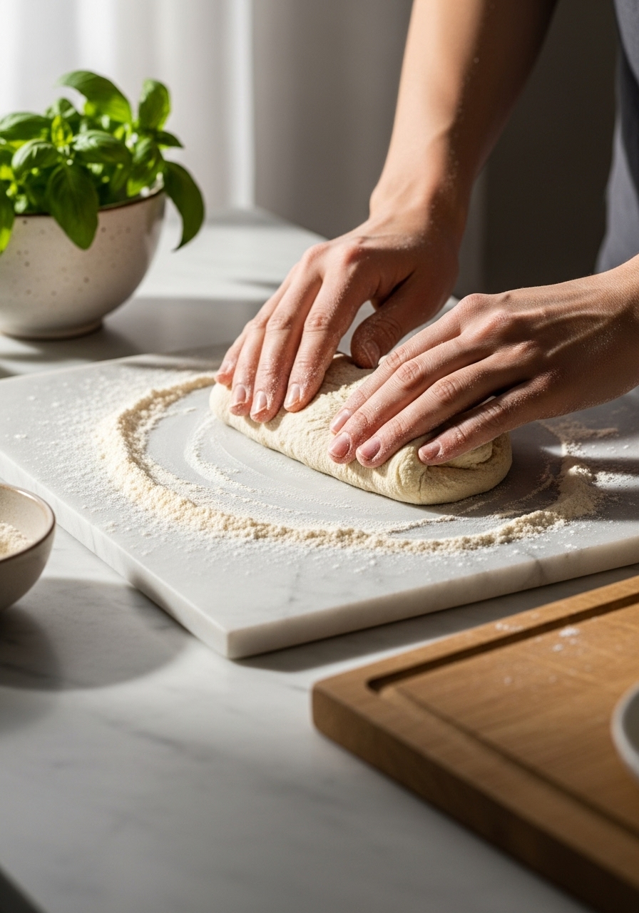 Close-up, authentic action shot of hands gently folding the sourdough discard bread dough on a lightly floured section of the marble countertop. The same wooden cutting board is nearby, and fresh basil can be seen in a ceramic bowl in the soft natural morning light from the east window. A touch of authentic messiness from flour dust is visible.